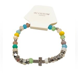 Beaded Cross Stretch Bracelet – Silver-Toned/Multi Color Accents & Rhinestone